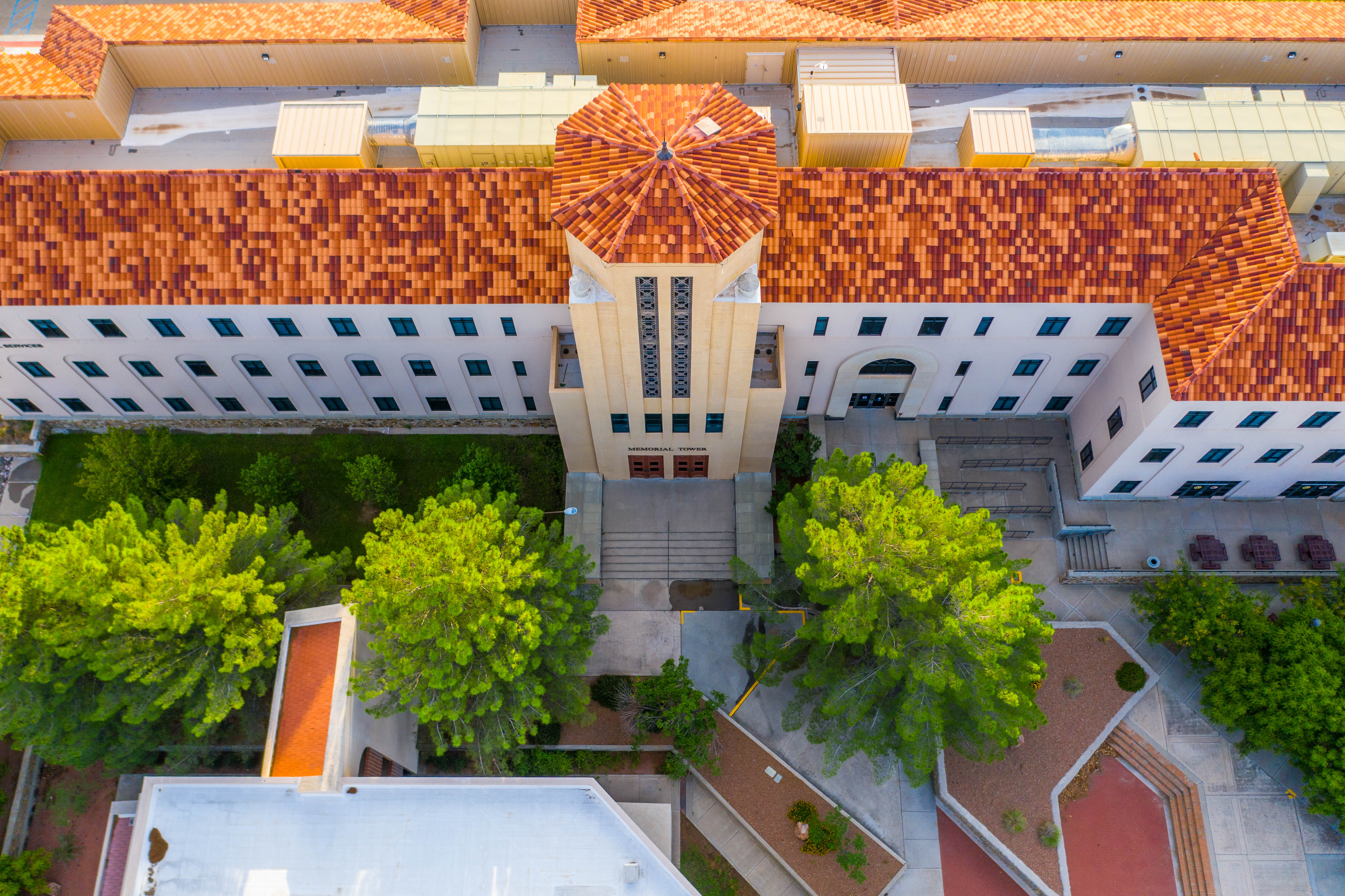 An arial shot of memorial tower located on the New Mexico State University campus in Las Cruces, New Mexico 